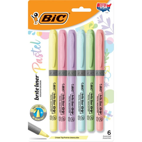 BIC Brite Liner Grip Highlighters, Assorted, 6 Pack
