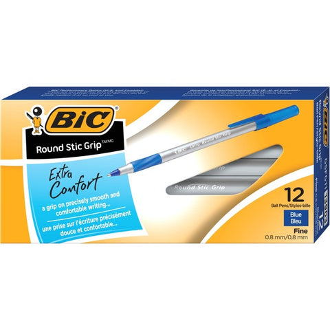 BIC Round Stic Grip Xtra-Comfort Fine Ball Point Pen, Blue, 12 Pack