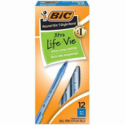BIC Round Stic Xtra Life Ball Point Pen, Blue, 12 Pack