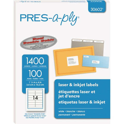 Avery PRES-a-ply (1 1/3" x 4") (White Laser) (14 Labels/Sheet) (100 Sheets/Box) (Interchangeable with Avery# 5162)